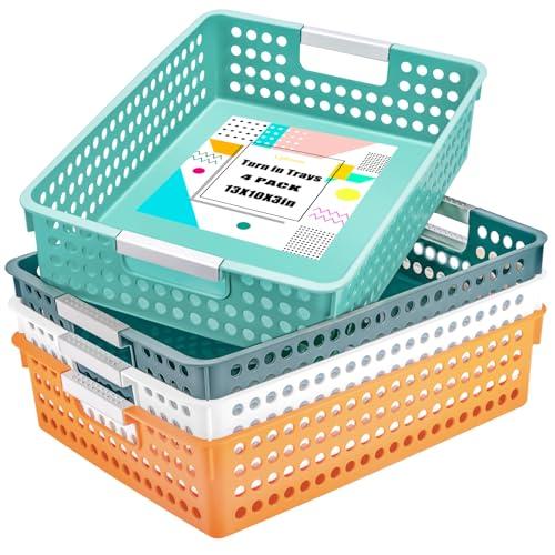 Cptoion Turn in Trays Classroom,4 Pack Paper Trays for Classroom,Plastic Storage Baskets with Handles,Colorful Classroom Organization and Storage Paper Tray Holds for Drawers, Office, Home (4 Color)