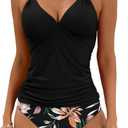 B2prity Halter Tankini Swimsuit for Women Tummy Control Two Piece Bathing Suit V Neck Swimwear with Shorts (Large)
