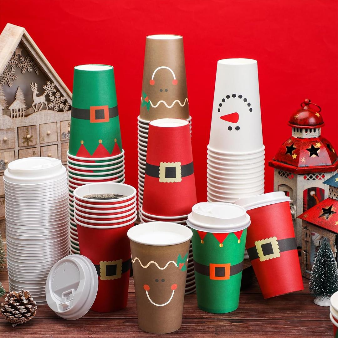 Dandat 16 oz 100 Pcs Christmas Coffee Paper Cups with Lids Disposable Christmas Paper Cups for Hot Cocoa Tea Beverage Holiday Xmas Party Supplies