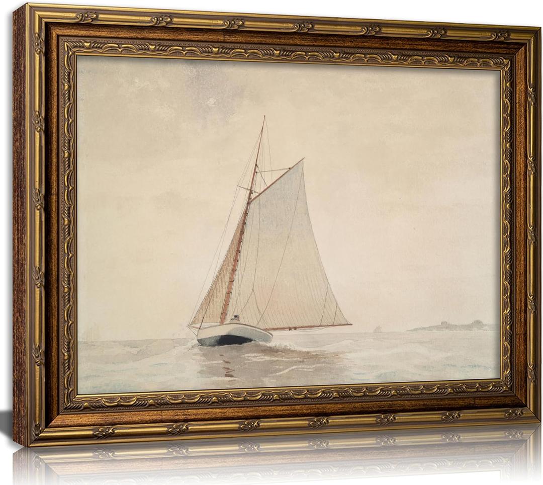 Vintage Gold Framed Sailboat Canvas Wall Art Retro Coastal Neutral Muted Painting Picture Wall Decor Farmhouse Seascape Poster Print Artwork for Living Room Bedroom Home Decoration, 24"L x 16"W