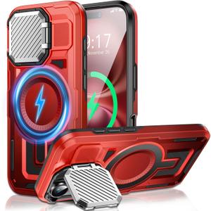 WASTROYAL Camera Stand Case for iPhone 16 Plus, [Compatible with Mag Safe] [Lens Cover] 2024 Version Military Grade Protective Soft Case for iPhone 16 Plus 6.7 inch Men Women, Red