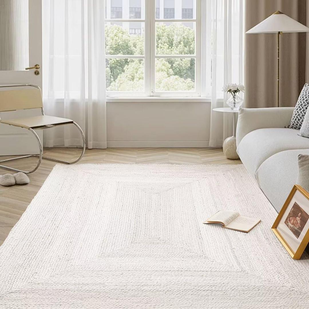 Shatex Jute Rug 5x8 Feet, Handwoven Rustic Area Rug for Bedroom, Living Room, High Traffic Areas, Reversible and Durable Indoor Rug, Off-White