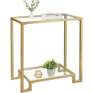 2 Tier Rectangular Side Table, Gold End Table with Glass Top, Modern Metal Clear Coffee Tables，Small Accent Tables for Living Room, Bedroom, 22" x 12.4" x 24"
