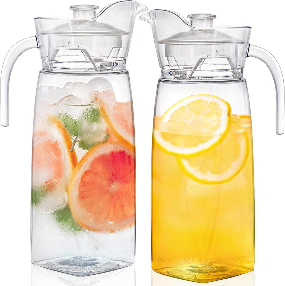 Elsjoy 2 Pack 42 Oz Acrylic Pitchers with Lid and Spout, Clear Plastic Water Drink Pitcher Unbreakable Fridge Beverage Container for Iced Tea, Lemonade, Juice, Milk