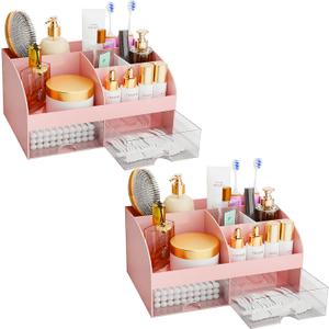 Makeup Organizer with Drawers, Cosmetic Storage for Dresser Vanity and Bathroom Countertop, Beauty Holder for Lipstick Brush, Skincare Organizer for Vanity, Cosmetic Display Case (Pink-2Pack)