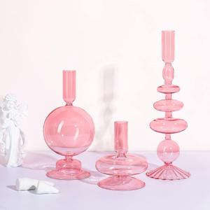 Rtteri 3 Pcs Glass Candlestick Holders Glass Candle Holders Groovy Wavy Elegant Taper Candle Stick for Wedding Home Birthday Party Easter St Patricks Day Decoration Windowsill Decor(Pink)