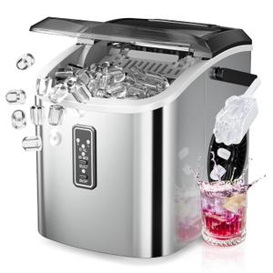 EUHOMY Ice Maker Countertop, 9 Cubes Ready in 6 Mins, 26lbs/24H, Self-Cleaning, Portable Ice Maker Machine with Carry Handle, Basket and Scoop, 2 Sizes of Bullet Ice for Home, Kitchen, Office (Stainless Steel)