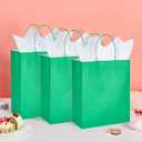 DjinnGlory 50 Pack Medium Size 10''x8''x4'' Green Paper Bags with Handles Bulk and 50 White Tissue Paper for Boutiques, Party Favors Treats Goodies, Christmas Gifts