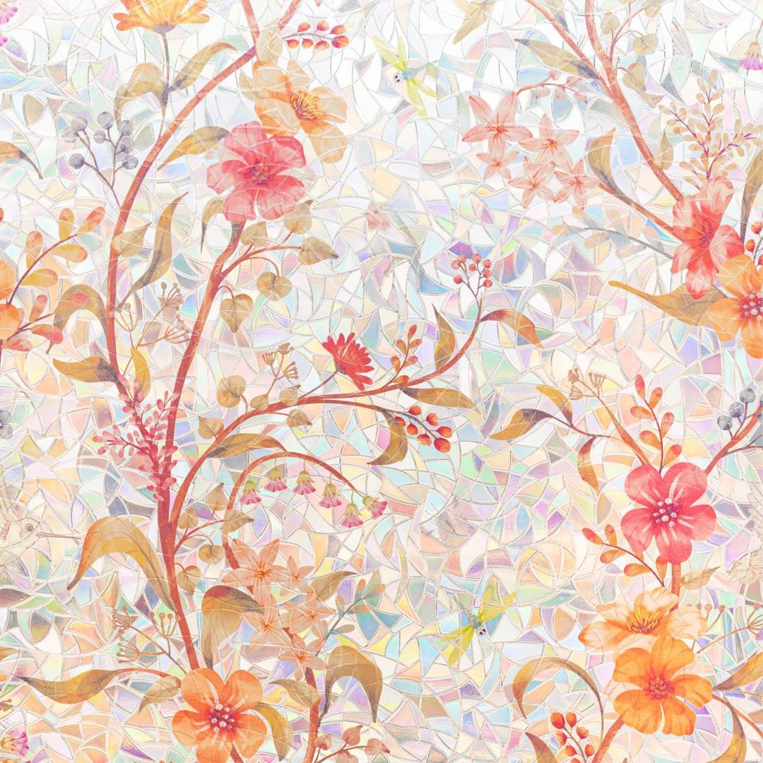 Stained Glass Window Film Static Cling Door Privacy Film Decorative Flowers Red Leaves Window Decals Stickers Heat Control Anti UV for Home and Office, 35 inches by 78.7 inches