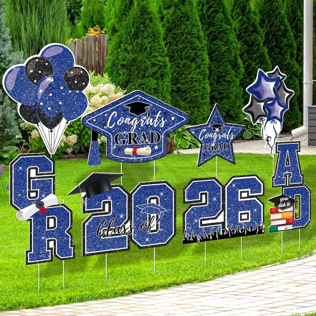Graduation Yard Sign 2026, 8pcs Large Plastic Graduation Yard Signs Class of 2026 with Stakes for High School College Grad Party Display Indoor or Outdoor(Blue,Black,White)