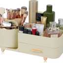 Makeup Organizer Countertop with Drawer 360 Rotating Brush Holder Storage Large Capacity Skincare Cosmetic Display Cases for Vanity Bathroom Desktop, Model 3016 Cream