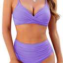 ZAFUL Women High Waisted Bikini Sets Two Piece Swimsuit Push Up Twist Front Ruched Bathing Suit (Medium, Purple)