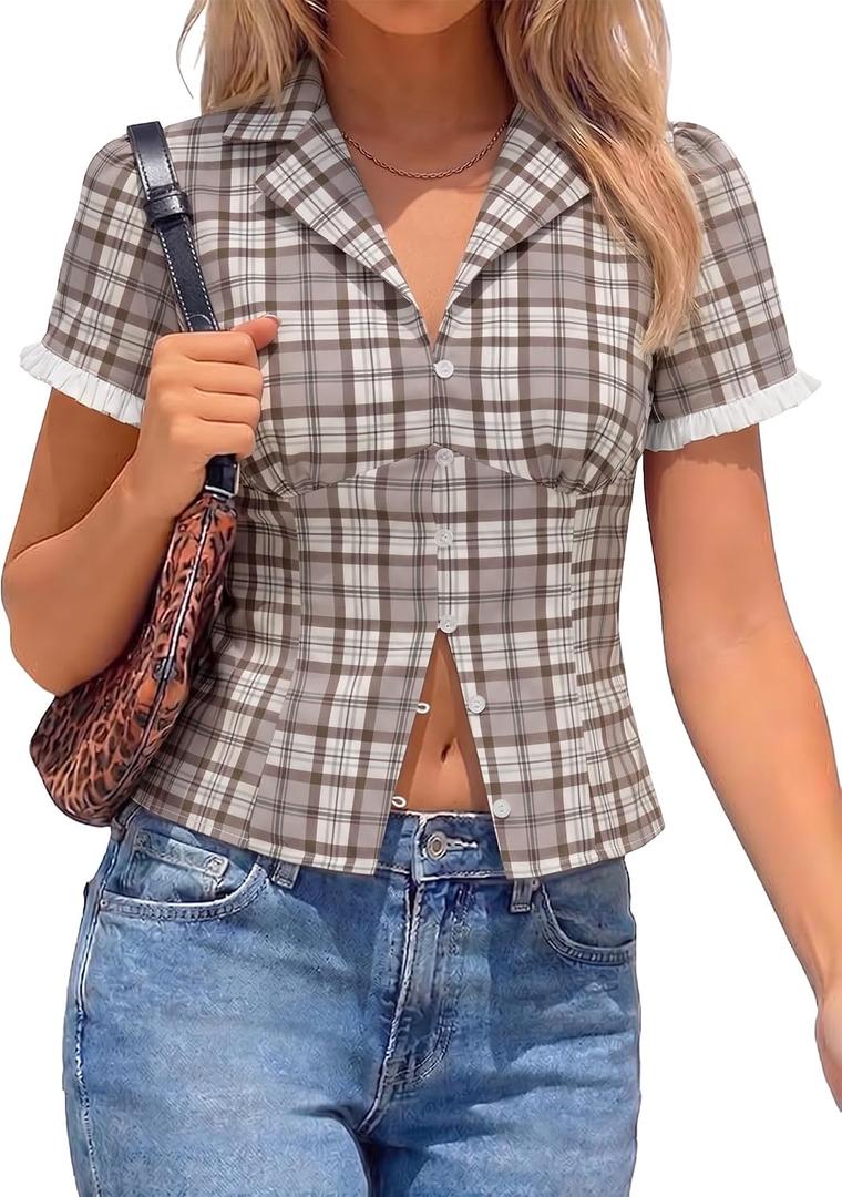 Tankaneo Womens Puff Sleeve Plaid Shirts Gingham Tops Y2k Summer Button Down Blouse Trendy Cute Fitted Going Out Tops (Brown)