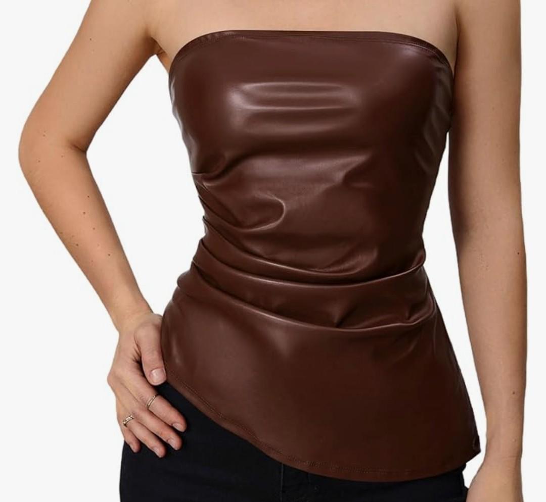Women's Leather Corset Tops Strapless Tube Asymmetrical Ruched Backless Crop Going Out Tops Medium