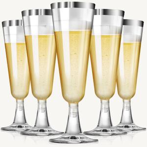 SUREHOME Plastic Champagne Flutes Plastic Mimosa Glasses 40 Pack Silver Rim Glasses, 5.5 Oz Disposable Champagne Glasses Clear Acrylic Wedding Toasting Glasses for Party Cocktail Cups Bulk Supplies (40 Count (Pack of 1), Silver Rim)