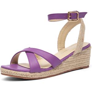 getmorebeauty Women's Espadrilles Wedge Sandals Crisscross Elastic Open Toe Buckle Ankle Strap High Heels Platform Dressy Shoes (Purple, US8)