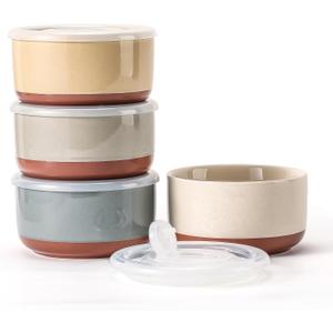 Ceramic Bowl with Lid: 20 oz Microwave Safe Porcelain Soup Containers for Food Storage, Meal Prep, Working Lunch, Picnic & Camping - 5-Inch Set of 4 Dipped Color & Speckle