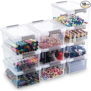 Citylife 1.3 QT 10 Pack Small Storage Bins Plastic Storage Container Stackable Box with Lids for Organizing, Clear White