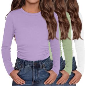 3 Pack Girls Long Sleeve Shirts Kids Slim Fit Crew Neck Tops Ruched Soft Basic Undershirts Layering Tees 5-14 Years (11-12 Years, Cream, Light Grass Green, Taro Purple)