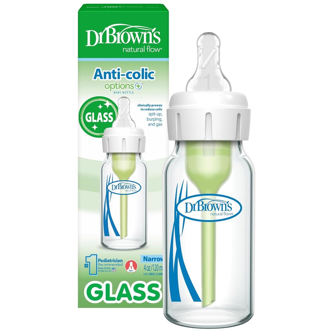 Dr. Brown's AntiColic Options+ Narrow Glass Baby Bottle with Level 1 Slow Flow Nipple, BPAFree, 4 oz/120mL, 4Pack