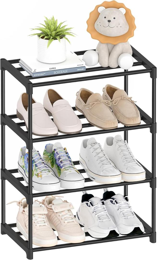 4 Tier Small Shoe Rack, Narrow Stackable Shoe Shelf for Kids Toddler Adult, Lightweight Shoe Rack Stand for Closet Dorm Storage Organizer, Front Door Entrance, Entryway