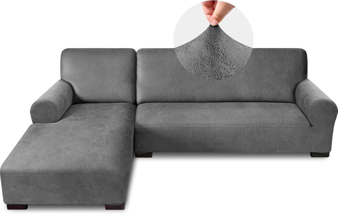 Sectional Couch Covers, Leather Look Sofa Cover L Shape 2PCS Soft Stretch Slipcover for Sectional Sofa, Non Slip Furniture Protector (3 Seat Sofa + 3 Seat Right Chaise, Grey)