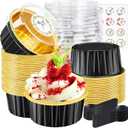 30Pcs Mini Cake Pans with Lids Aluminum Foil, ZOXILEN 5oz Disposable Mini Loaf pans with Lids Spoons, Round Small Baking Cups Pie Tins Cheesecake Containers for Party Black Gold