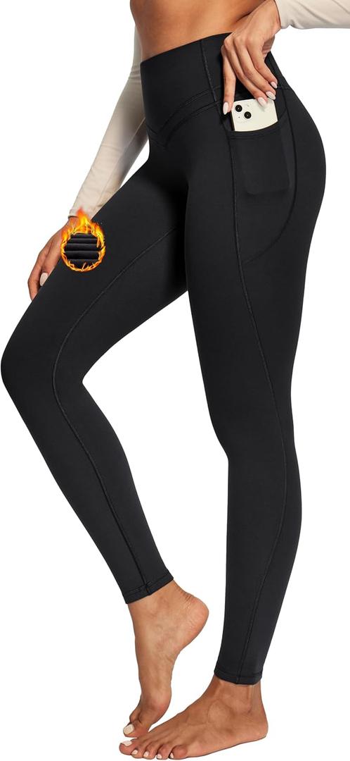 IUGA Compression Fleece Lined Leggings Women No Front Seam Thermal Leggings for Women Tummy Control High Waist Yoga Pants (Medium, Black)
