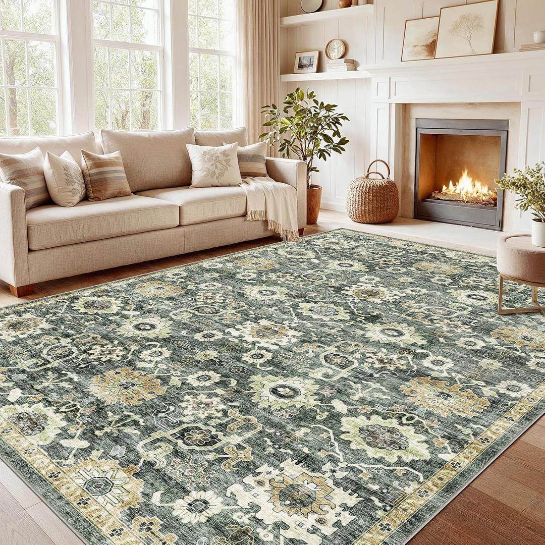 Amada 8x10 Washable Area Rug for Living Room, Green/Brown, Vintage Pattern