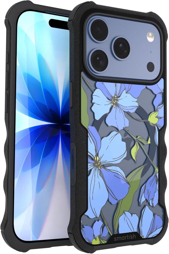 Smartish iPhone 17 Pro MagSafe Case - Gripzilla Protective Magnetic Case for Men [Rugged + Tough] Military Grade Heavy Duty Grip Armor - Drop Tested for Apple iPhone 17 Pro - Blue Blossoms