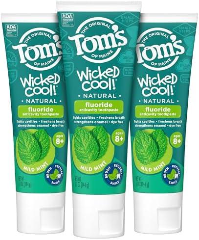 Tom's of Maine ADA Approved Wicked Cool! Fluoride Children's Toothpaste, Natural Toothpaste, Dye Free, No Artificial Preservatives, Mild Mint, 5.1 oz. 2-Pack