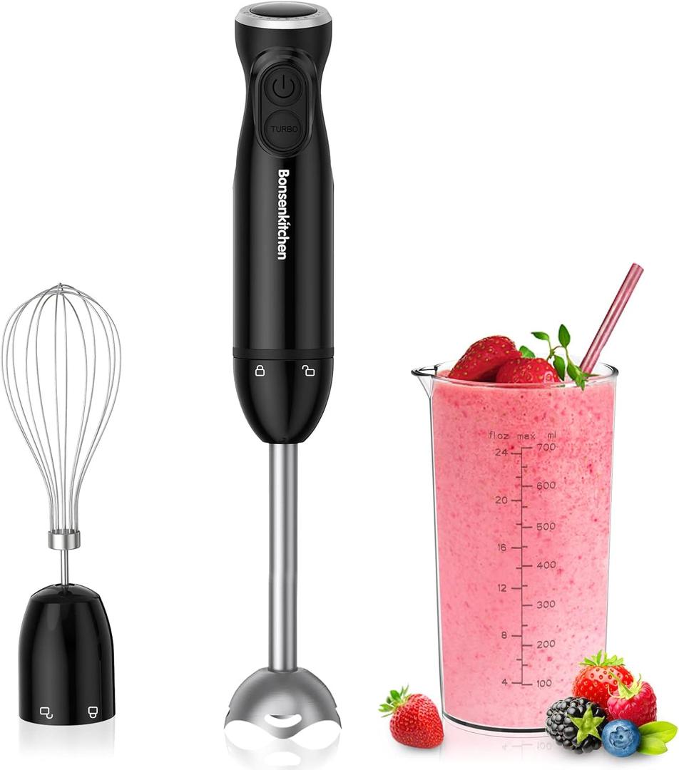 Bonsenkitchen HB3202 3-in-1 Hand Blender 1000W Electric Hand Blender with Measuring Cup and Whisk, Stepless Speed Adjustment for Milkshake, Mash, Sauce, Black