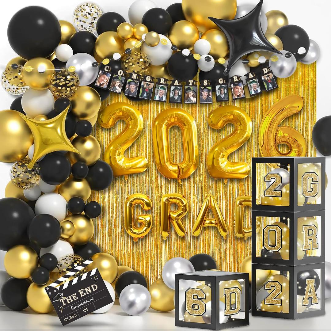 Party Spot2026 Black and Gold Graduation Party Decorations,124 PCS Graduation Decorations Class of 20264 PCS Balloons Boxes with LED Light String & Letters 2026 GRAD So Proud of You
