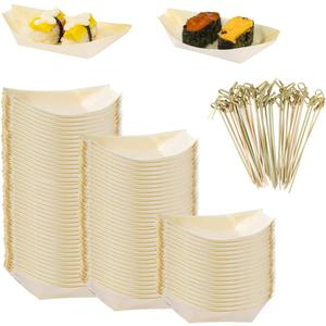 WATHFKCU 5.7 Inch Disposable Bamboo Wooden Sushi Boat Plate Bamboo Appetizer Plates Dishes Sushi Serving Tray Wooden Leaf Boat with 100Pcs Bamboo Picks (5.7inch)