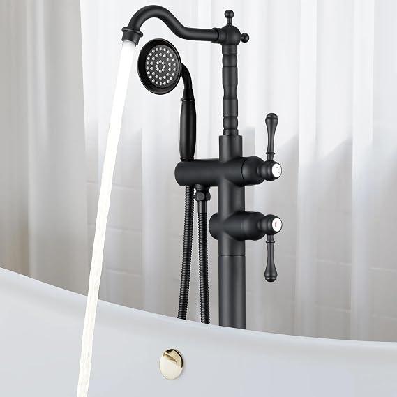 Freestanding Tub Faucet Sets, JetsBath Floor Mount BathTub Filler with 360° Swivel Spout & Handheld Sprayer, Matte Black Floor Mount Bathtub Faucet Single Handle with Supply Hose