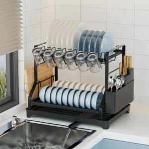 2-Tier Kitchen Dish Rack with Drainboard, Black, Large Capacity Dish Drying Rack with Cup Holder, Knife Block, Cutting Board Rack, 42x32.5x34cm