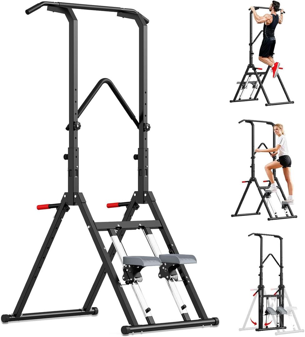 Pull Up Bar Free Standing with Stair Stepper, Adjustable Power Tower Dip Station, Multi-functional Strength Training Pull-up Bars for Home Gym Equipment (Black)