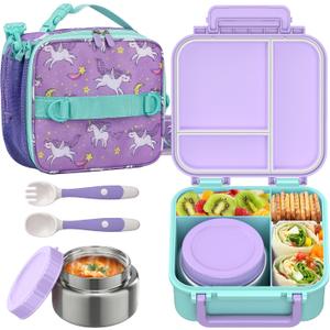 2 x JOOPETALK Bento Lunch Box Set for Kids with 9oz Soup Thermo, Insulated Lunch Bag,Leak-proof BPA-free Lunch Food Container with 3-4 Conpartments for School Travel-Pur-blue
