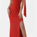 XXTAXN Women's Sexy Formal Off Shoulder Prom Wedding Guest Ruched Tie High Split Bodycon Maxi Dress Red Size S