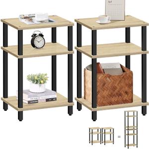 TUTOTAK Set of 2 End Table, Side Table, Nightstand, 3-Tier Storage Shelf, Couch Table for Small Space TB01BO0492 (Oak)