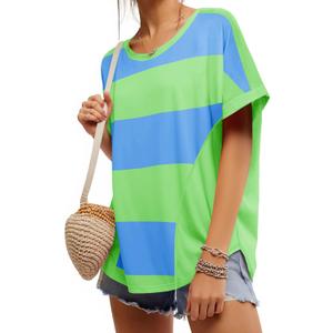 Tankaneo Womens Summer Tops Striped Oversized Short Sleeve Crew Neck Color Block Casual T Shirts Loose Basic Tee Blouses (Green, L)