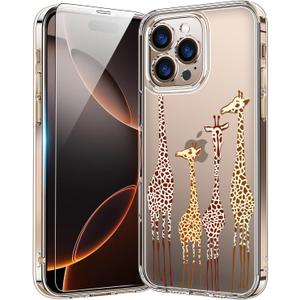 bicol for iPhone 16 Pro Case with Screen Protector, Enhanced Camera Protection, Crystal Acrylic Clear with Fashionable Pattern Designs for Girls Women, Slim Fit Protective Phone Cover, Cute Giraffe