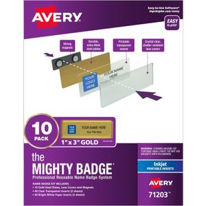 The Mighty Badge by Avery, 1" x 3" Gold Name Tags, 10 ID Badges, 80 Inserts for Inkjet Printers (71203) (One Size)