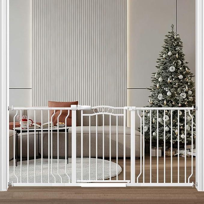 Fairy Baby 62.5"-71.6" Extra Wide Baby Gate Pressure Mount, Long Large Dog Gate Indoor Doorways Stairs, No Drill Safety Child Gate for Kids with Double Lock, Walk Thru Pet Gate for Puppy Doggy, White