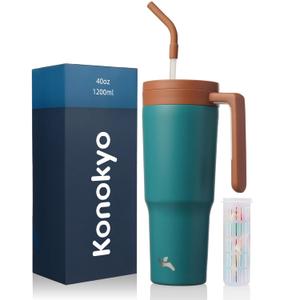 Insulated Tumbler with Handle and Straw,40 OZ Vacuum Stainless Steel Water Bottle Travel Mug Metal Cup with Fruit Diffuser,Lake Blue
