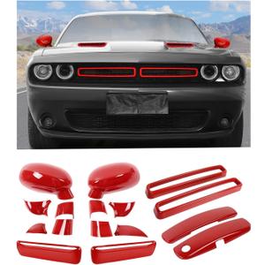 JWWY Complete Exterior Cover Trim Kit for 2015-2023 Dodge Challenger, Full Coverage Hood Scoops Cover Grille Insert Trim Door Handle Cover Side Mirror Cover Trim Exterior Accessories Red 16PCS