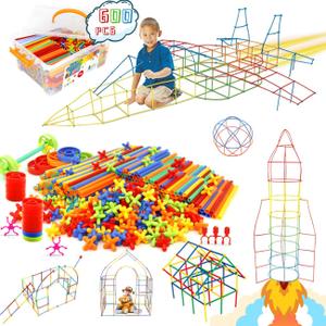 Ggiibro Straw Constructor Toys 600Pcs STEM Building Toy Interlocking Plastic Engineering Thin Tube Blocks Educational Kit for 3 4 5 6 7years Kids Boys and Girls Gift Preschool Toy with Storage Box (A01 600pcs Rainbow)
