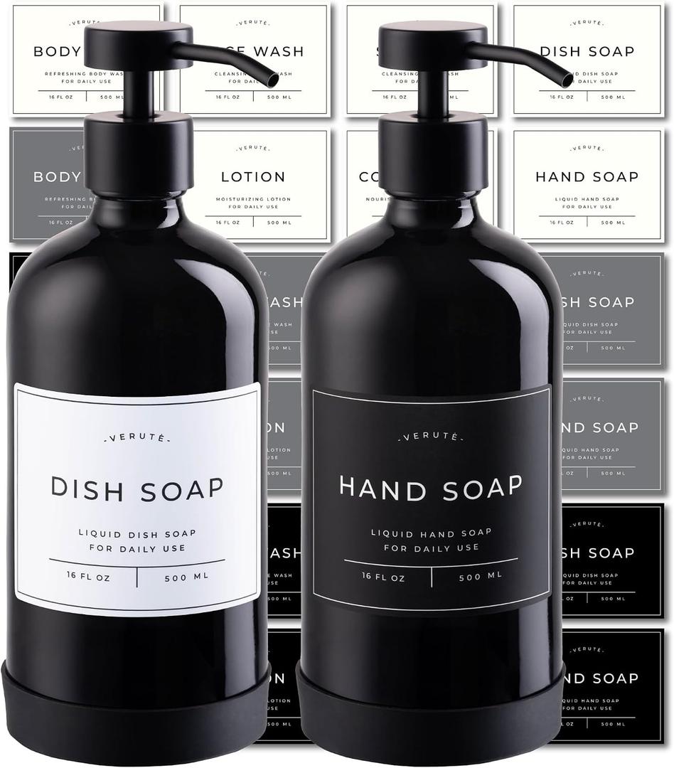 Hand and Dish Soap Dispenser for Kitchen and Bathroom, Set of 2 16 Oz Glass Bottles, Stainless Steel Pumps, Non-Slip Silicone Base, 27 Waterproof Labels (Gloss Black Bottle/Black Pump)