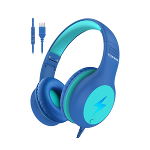 Kids Headphones Wired with Microphone, USB Type C Headphones for Kids Girls Boys with Cord/LED Lights/85/94dB Volume Limit, Portable Over Ear Headphones for School/Travel/Tablet/iPad