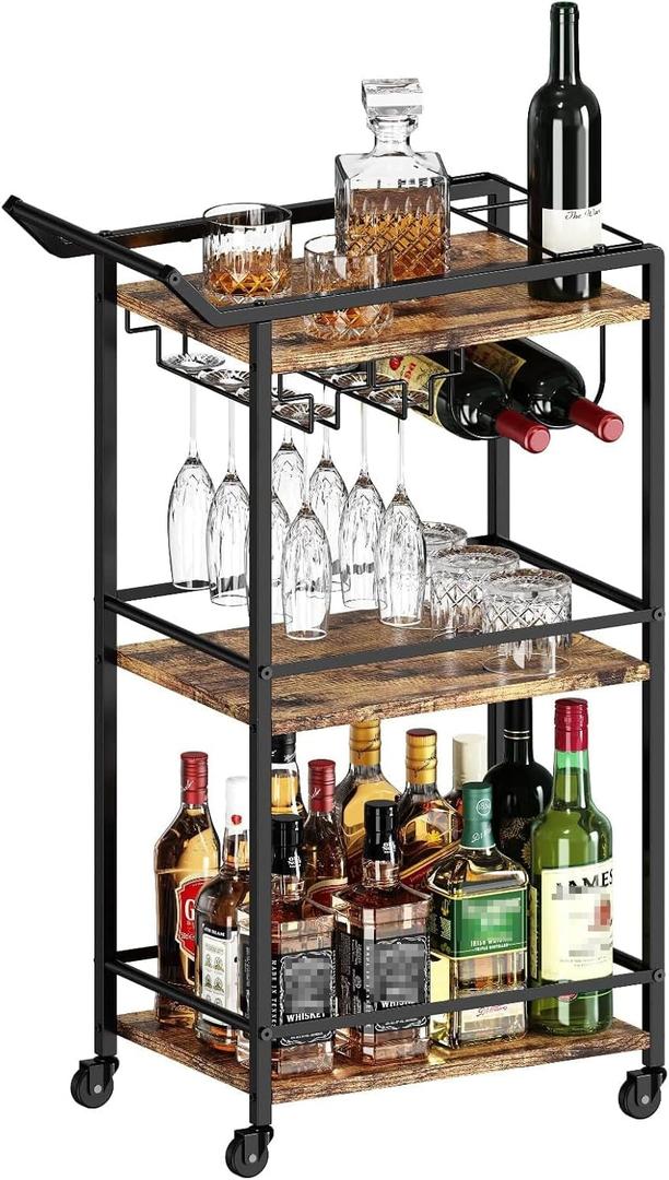 3 Tier Bar Cart, Mini Utility Cart for Beverage Dinner Party, Rolling Coffee Drink Serving Cart with Lockable Wheels for Home Kitchen Bars (Rustic Brown)